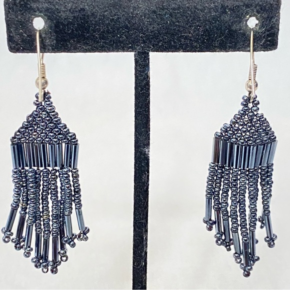 Boho Beaded Earrings Seed Bead Metallic Blue Dangle Drop Fringe - Picture 3 of 8
